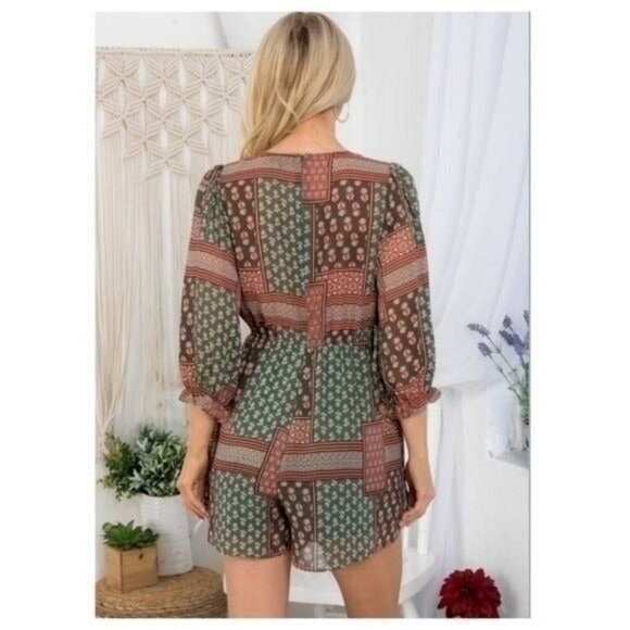 Boho Long Sleeve Patchwork Print Romper W/ Drawstring Waist & V-Neckline-NEW - Picture 6 of 7